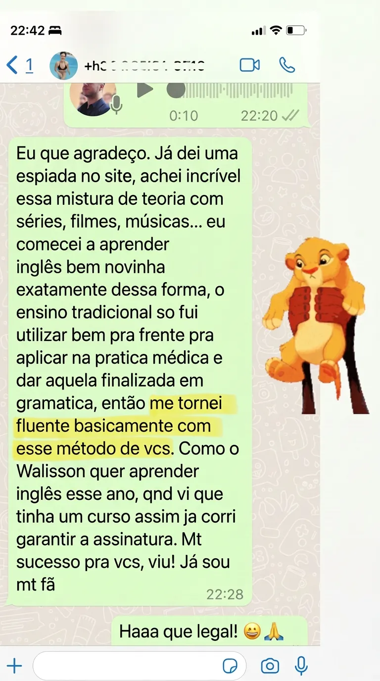 Depoimento em WhatsApp: aluna médica que se tornou fluente com o método