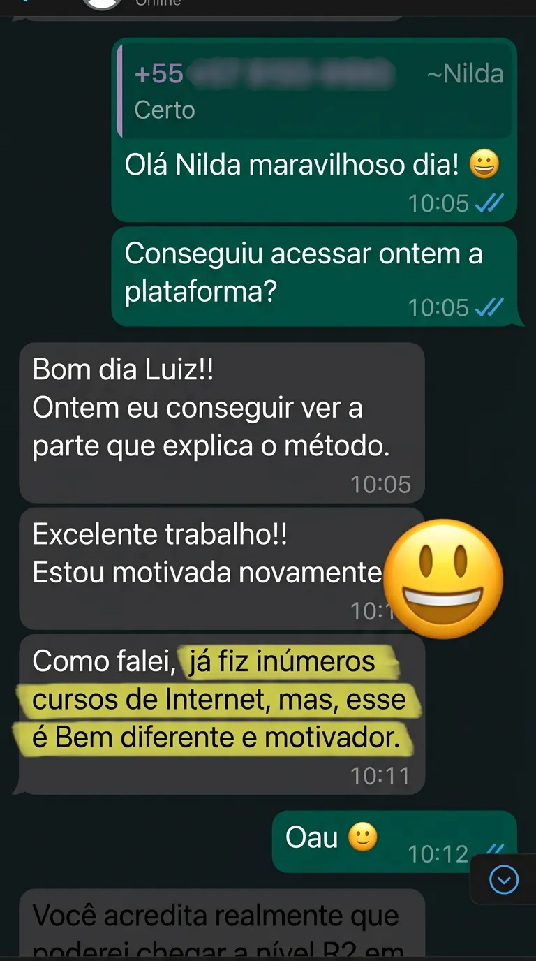 Depoimento em WhatsApp: aluna diz que o curso é diferente e motivador