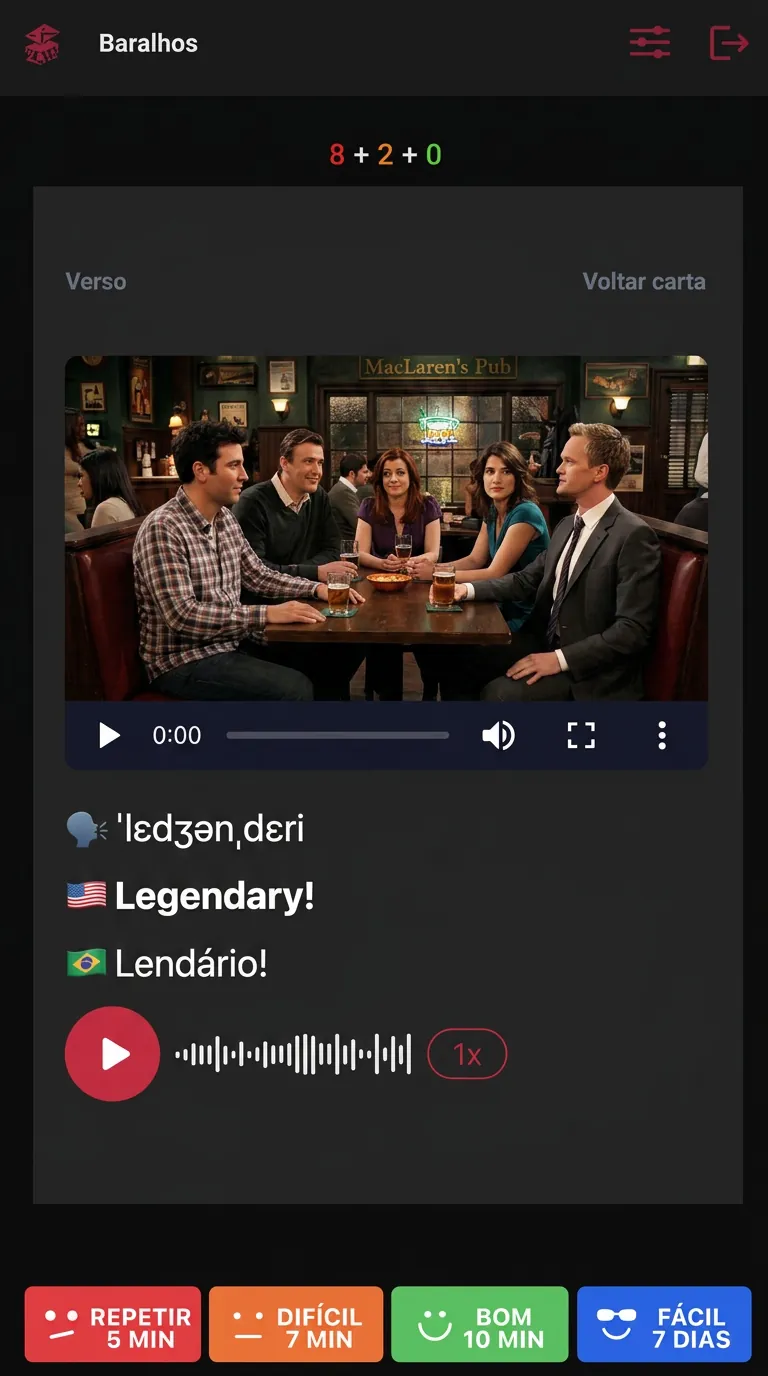 Tela real do app MemFlash com flashcard de cena de How I Met Your Mother