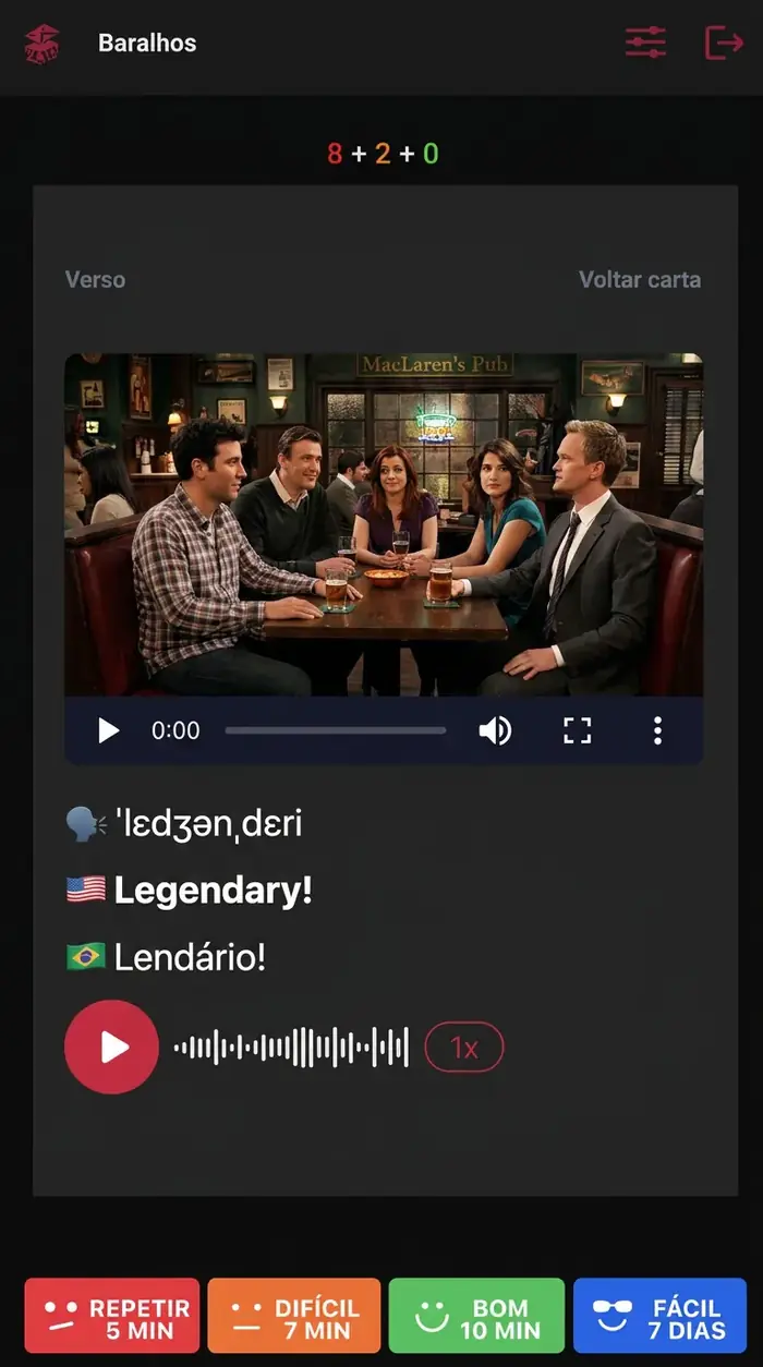 Tela real do app MemFlash com flashcard de cena de How I Met Your Mother