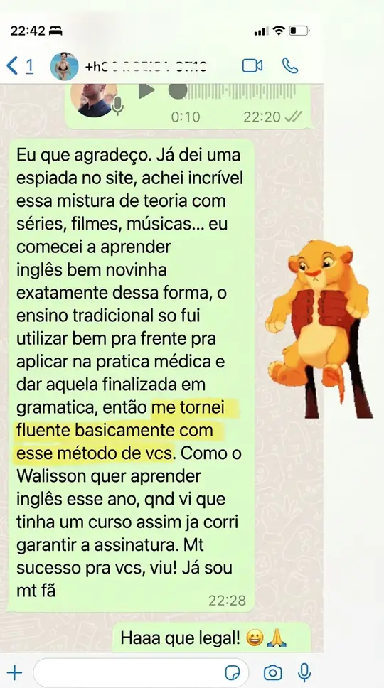 Depoimento em WhatsApp: aluna médica que se tornou fluente com o método